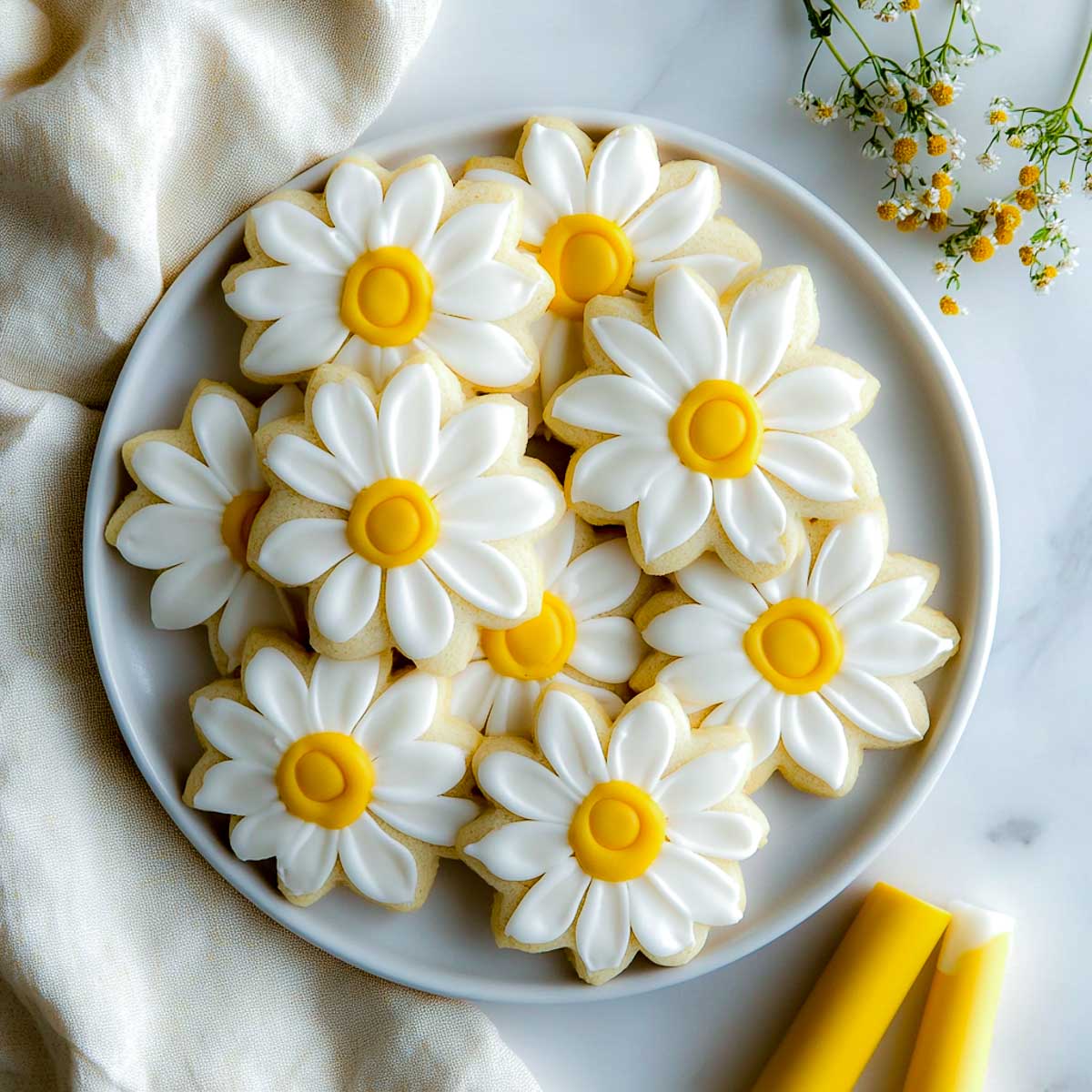 Flower-shaped cookies with daisy icing.