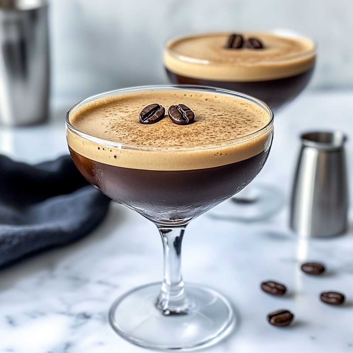 A slightly angled side view of a dark, rich espresso martini served in a sleek coupe glass on a white marble surface. The drink has a deep coffee-brown color with a velvety crema layer on top, with coffee beans arranged in the center. A black linen napkin, metal cocktail jigger, and scattered coffee beans complete the moody, bold aesthetic.