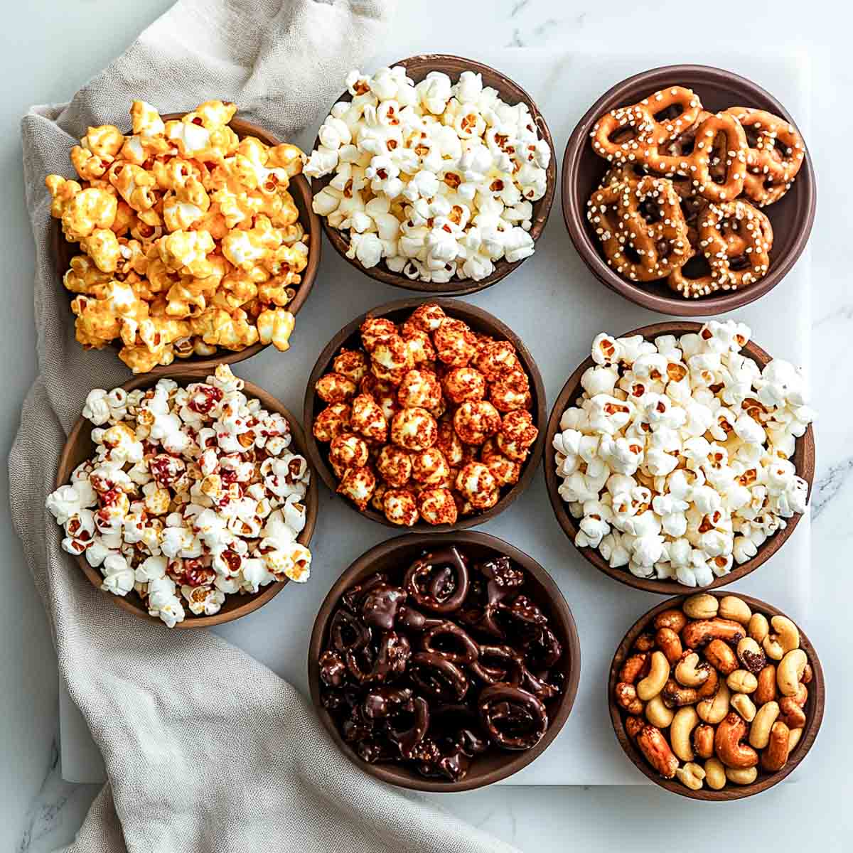 Different flavors of popcorn, chocolate pretzels, and roasted nuts placed in individual bowls.