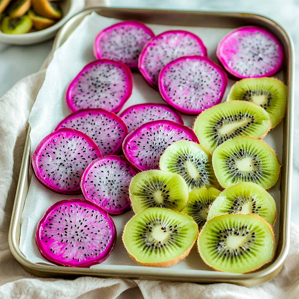 Dragon fruit and kiwi dried in the oven.