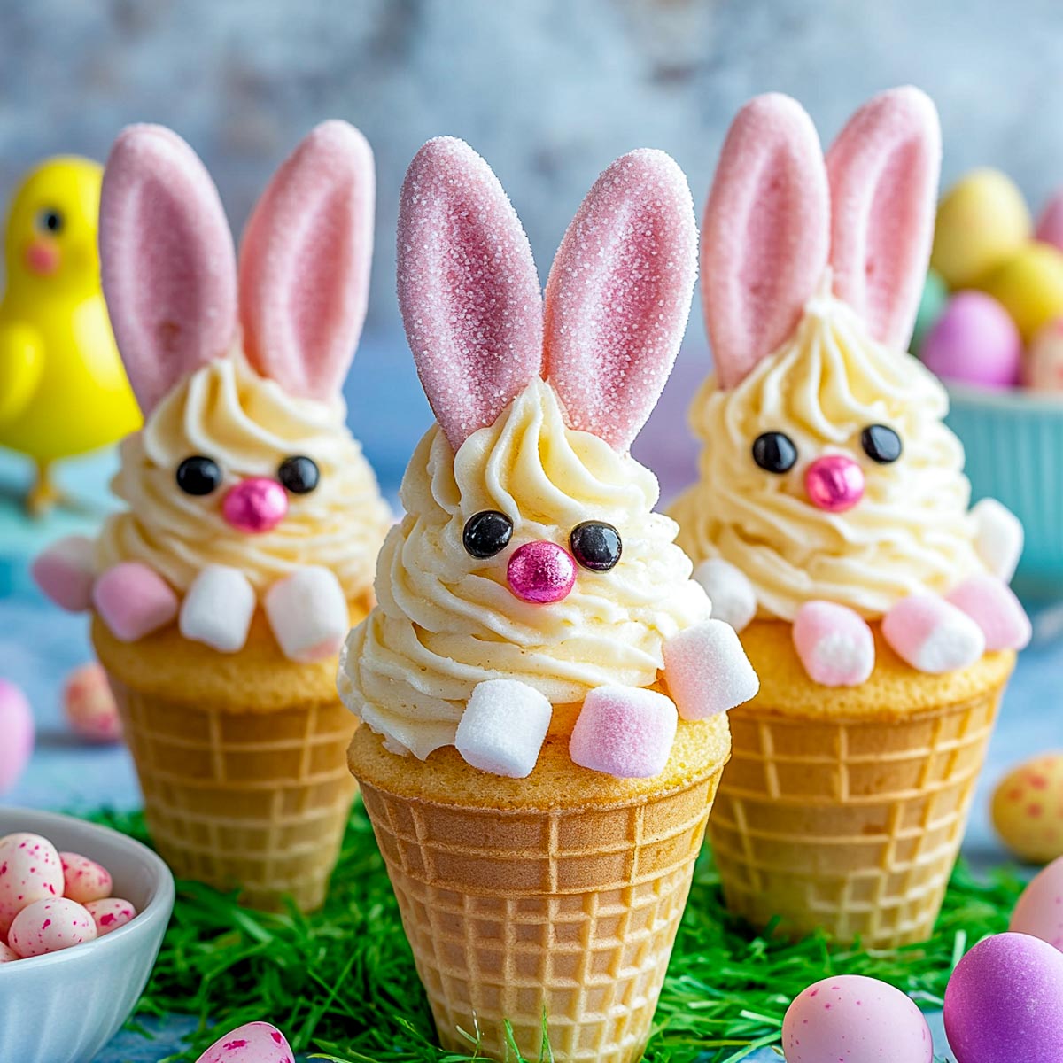 Bunny cupcakes made in an ice cream cone.