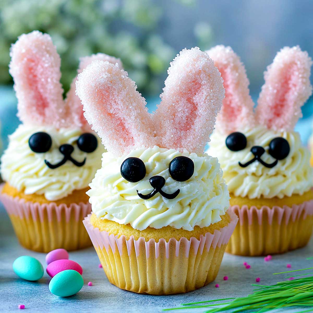 Wide pink marshmallow ears placed on the frosting.