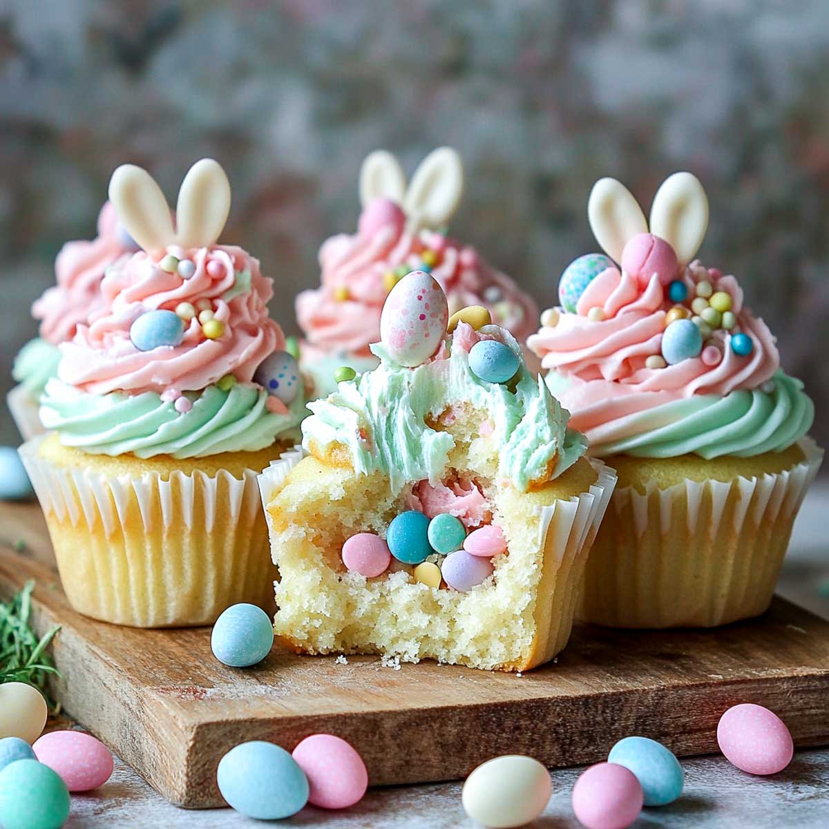 Cupcakes cut into two parts to show the surprise center.