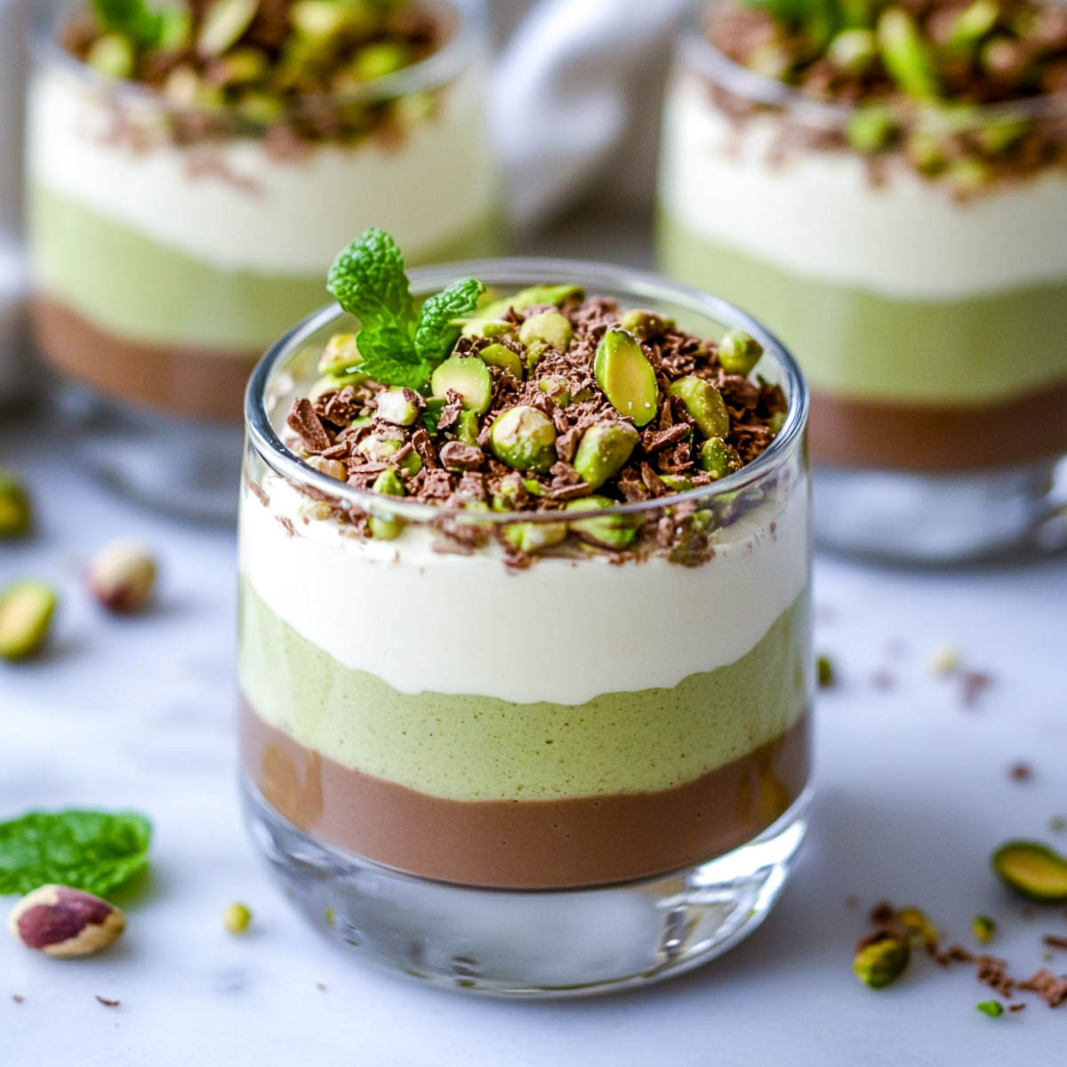 A slightly angled side view of layered pistachio, vanilla, and chocolate mousse cups in clear glass, topped with crushed pistachios, chocolate shavings, and fresh mint leaves. The cups sit on a white marble surface with scattered pistachios and mint leaves in the background, creating a lush Endor forest-inspired look.