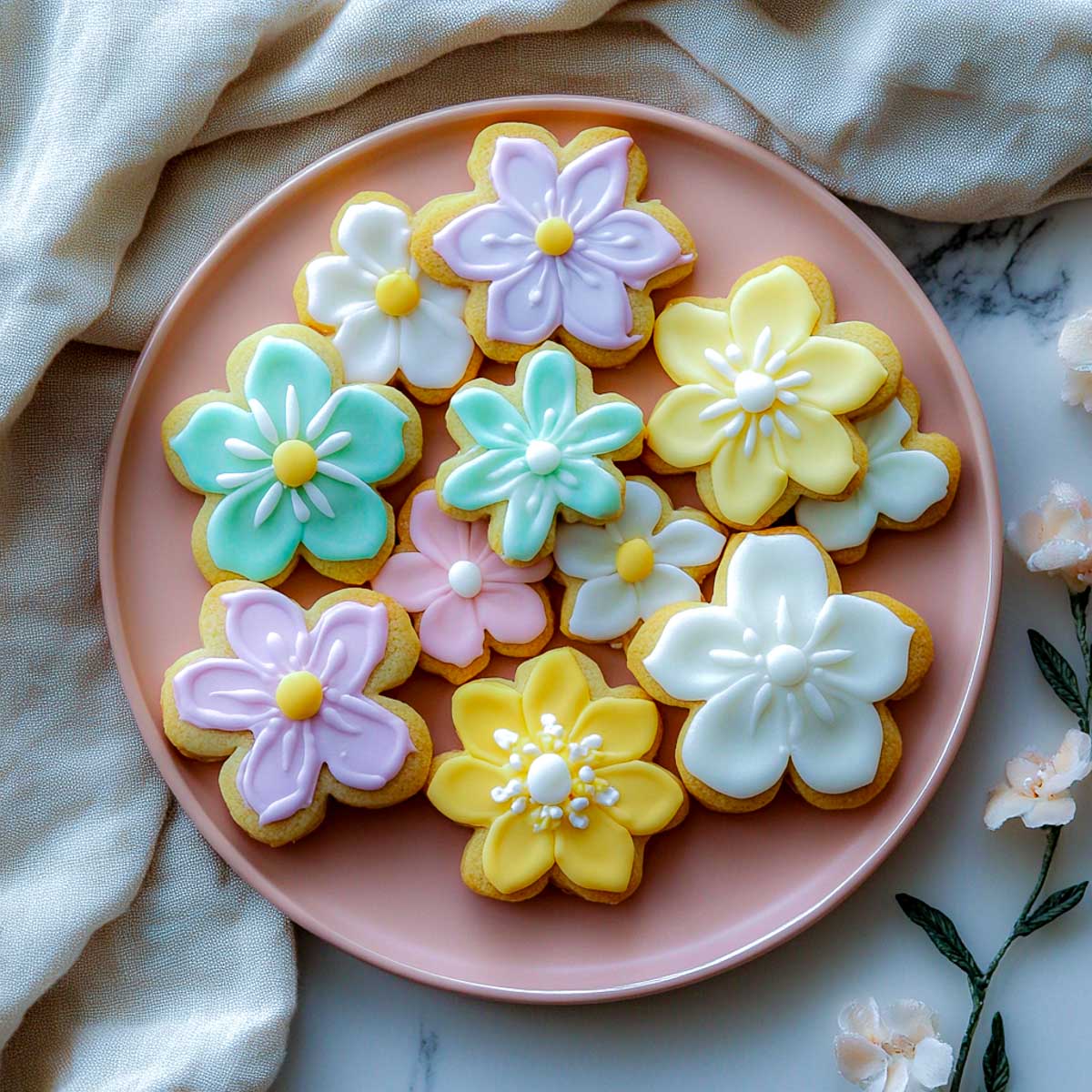 Floral-shaped cookies on a brown plate.