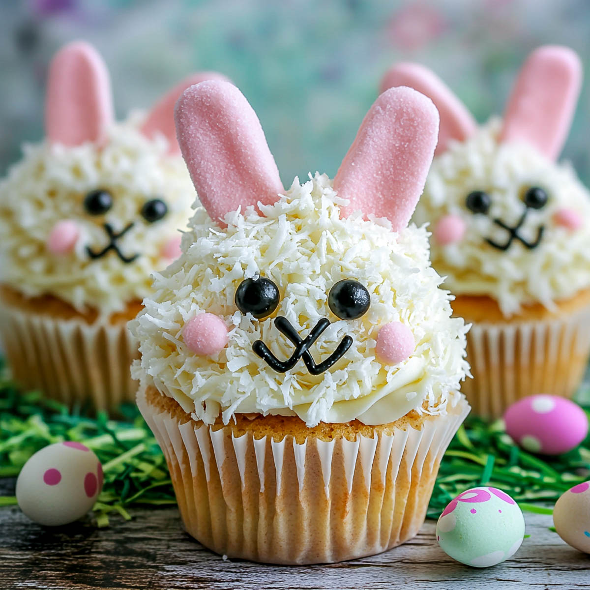 Coconut covered frosting with bunny face on the cupcakes.