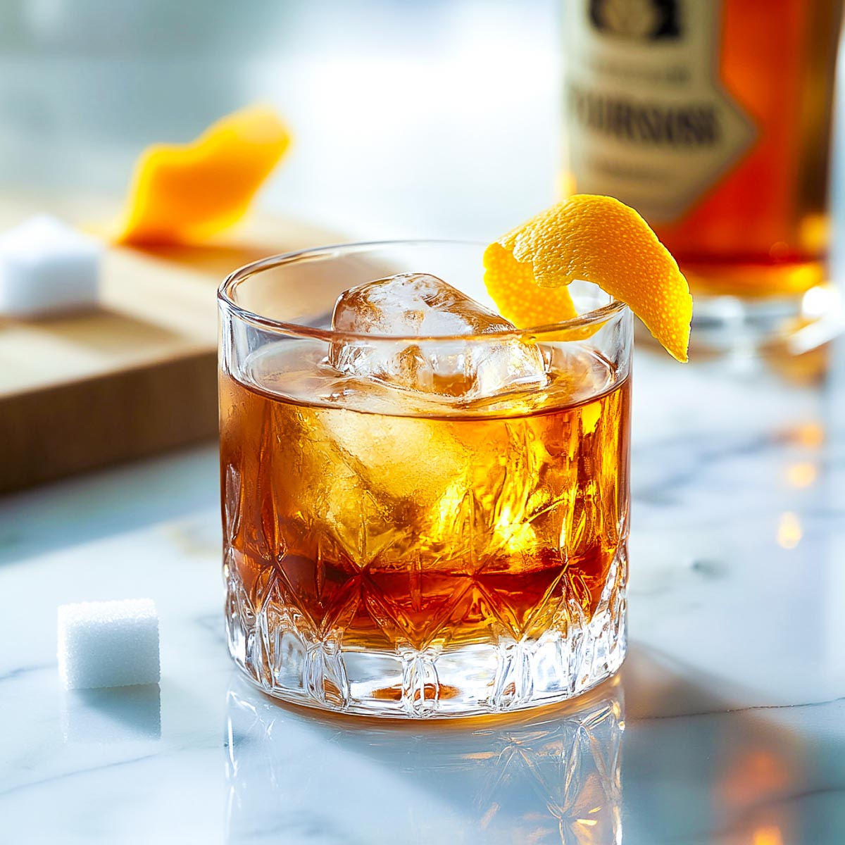 Four roses old fashioned in a rocks glass topped with an orage peel.