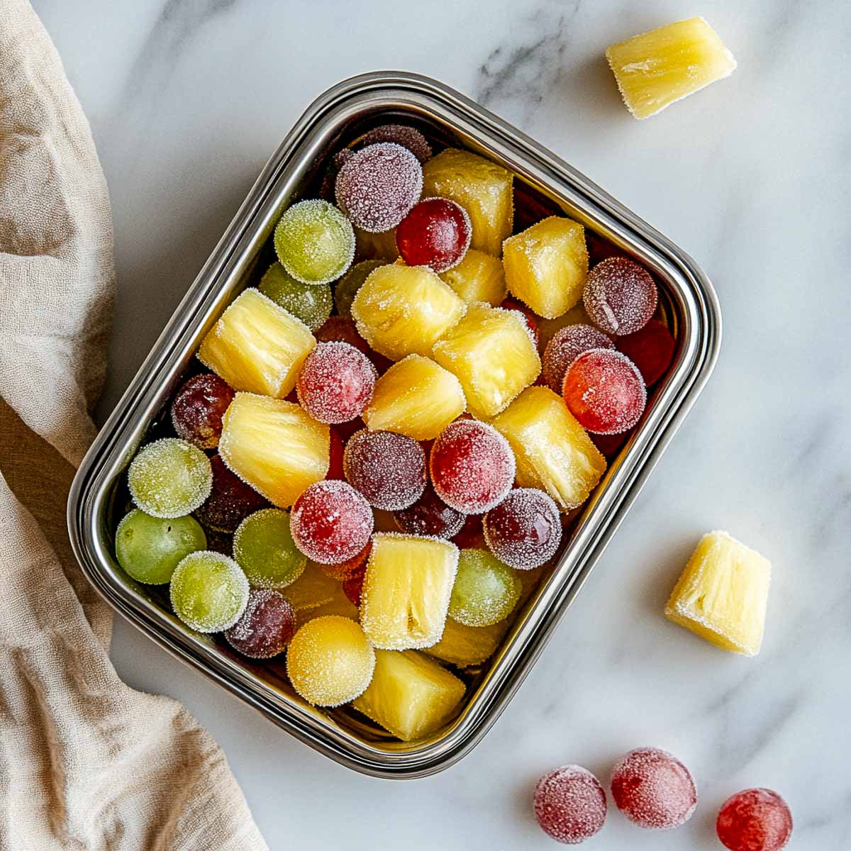 Frozen grapes and pineapple in an insulated box.