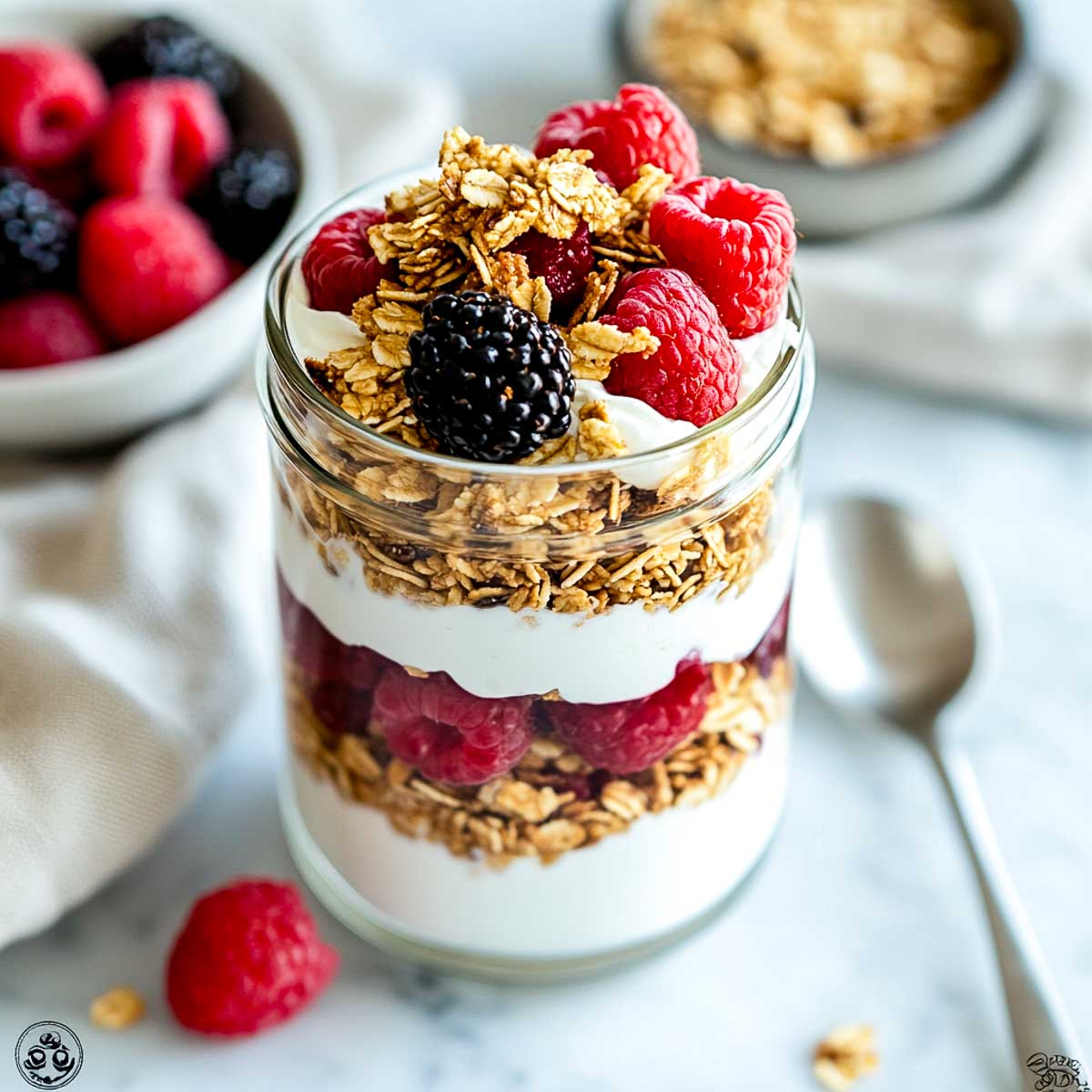 A glass jar filled with layers of Greek yogurt, granola, and fresh berries, placed on a white marble surface with a spoon beside it.