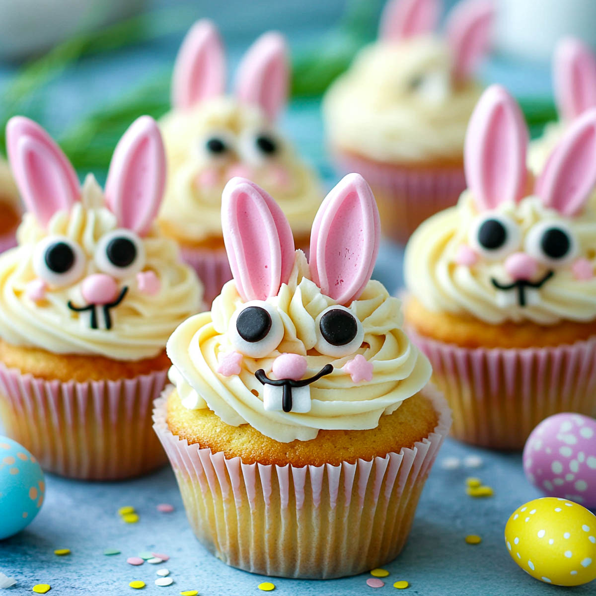 Cupcakes frosted and topped with happy face and ears.