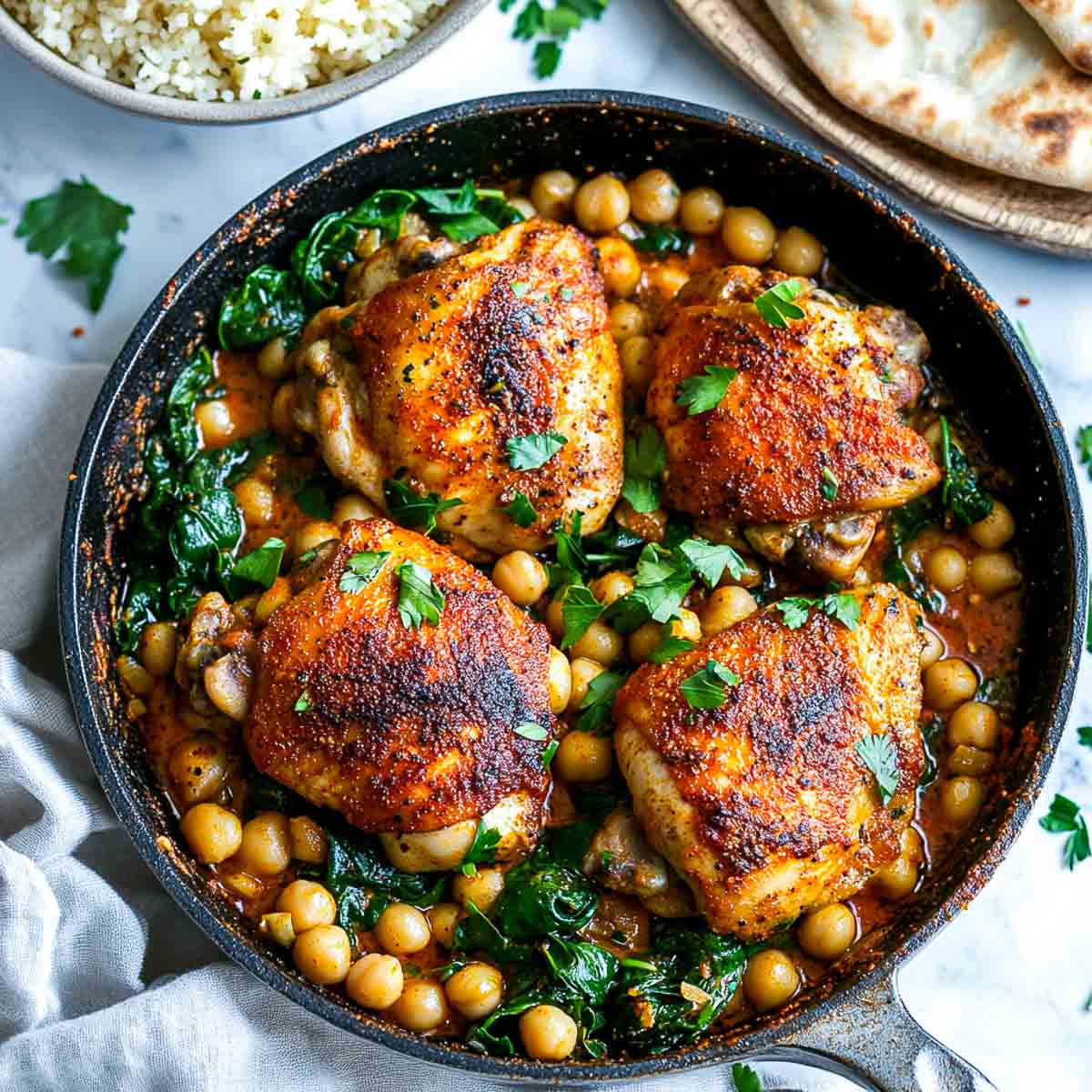 Harissa chicken made with spinach and chickpeas in a skillet.