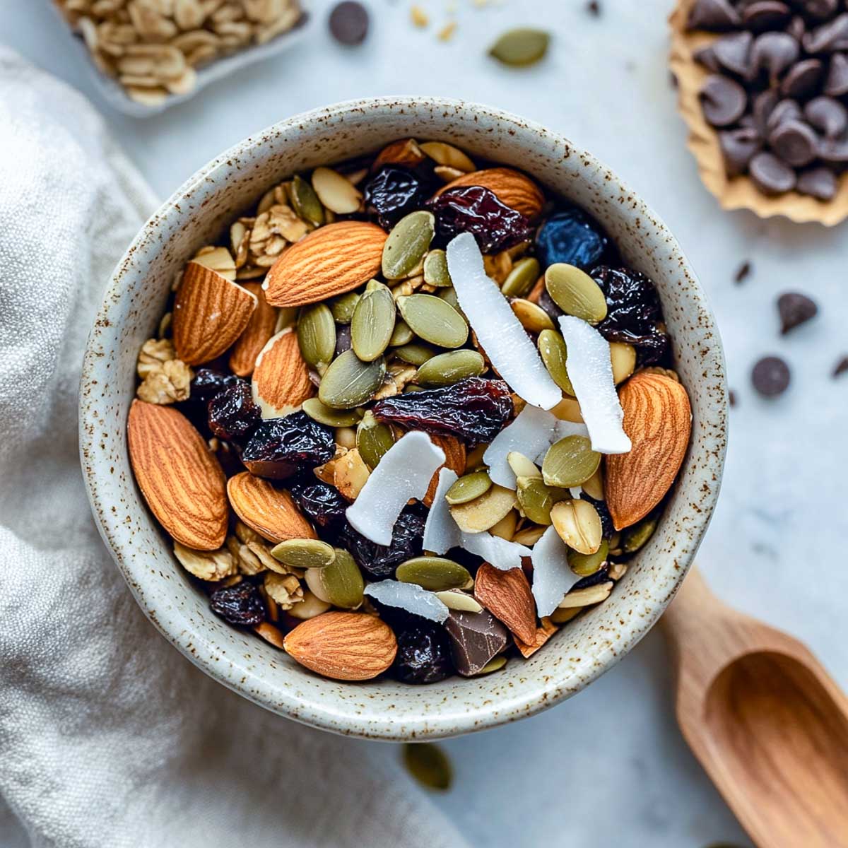 Trail mix in a grey bowl placed on a marble surface.