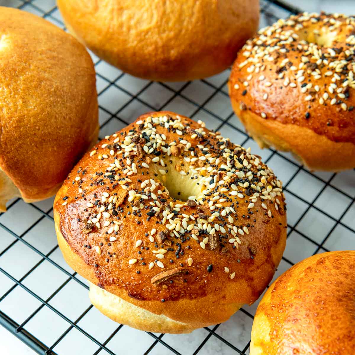 Close up of bagels cooling on a wire rack.