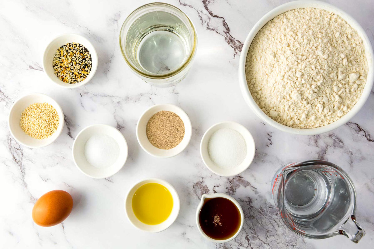 Ingredients placed on a white marble surface.