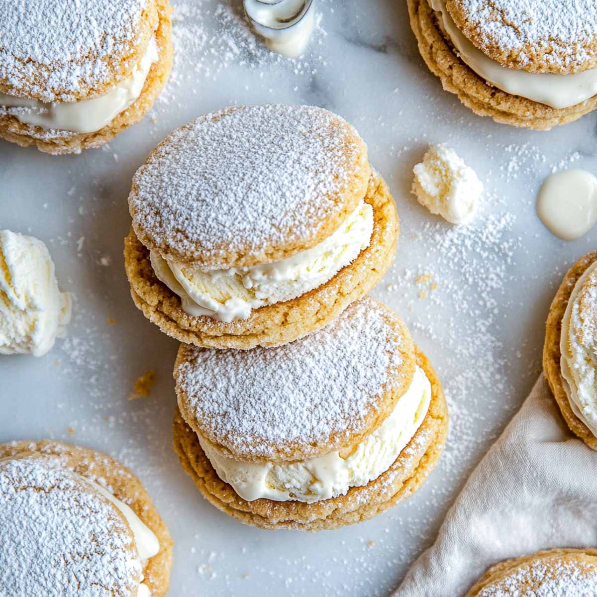 A top-down image of homemade ice cream sandwiches made with soft sugar cookies dusted with powdered sugar, filled with thick vanilla ice cream. The sandwiches are arranged on a white marble surface, with a dusting of sugar and small drizzles of melted ice cream adding a cozy, homemade touch.