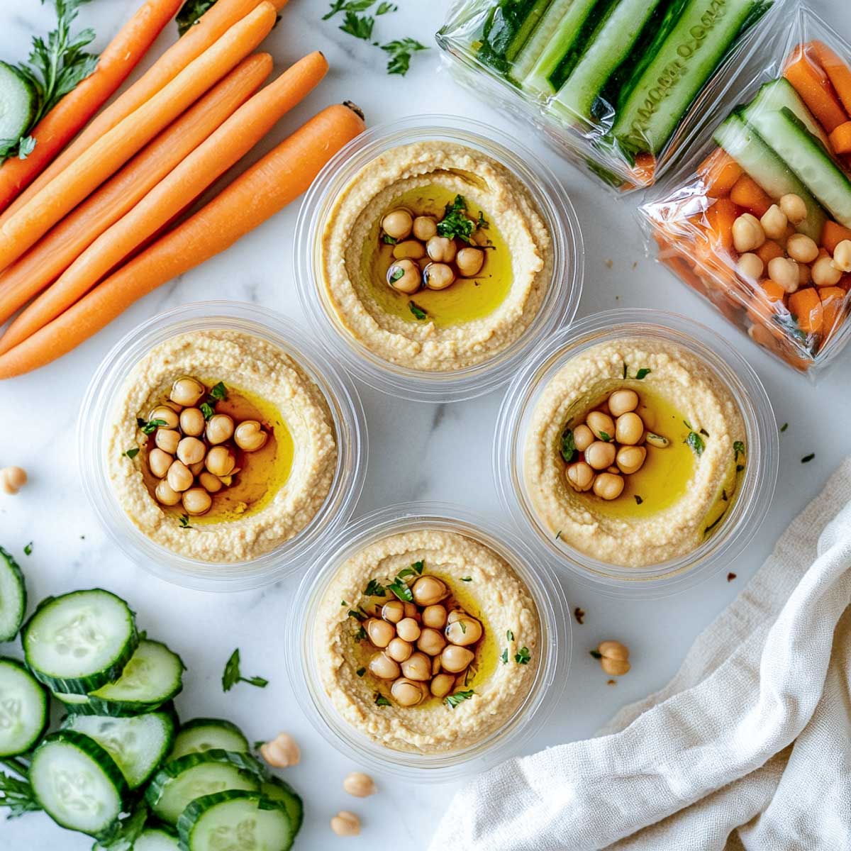 Hummus packed in single serve containers and veggie sticks packed in resealable bags for beach snacks.