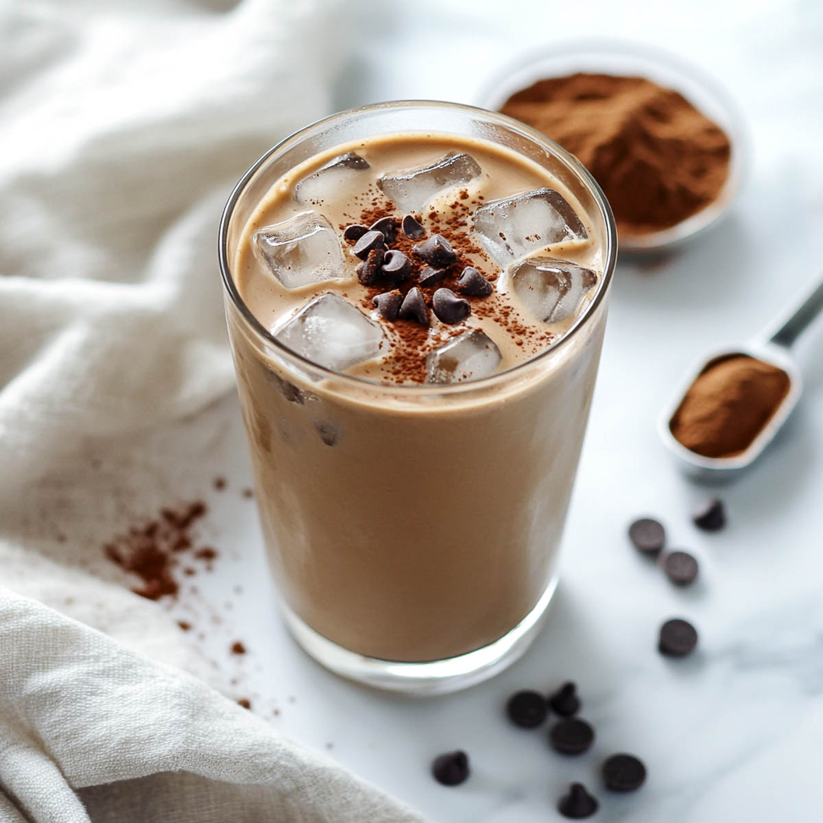 A glass of iced mocha with cocoa powder in the background.