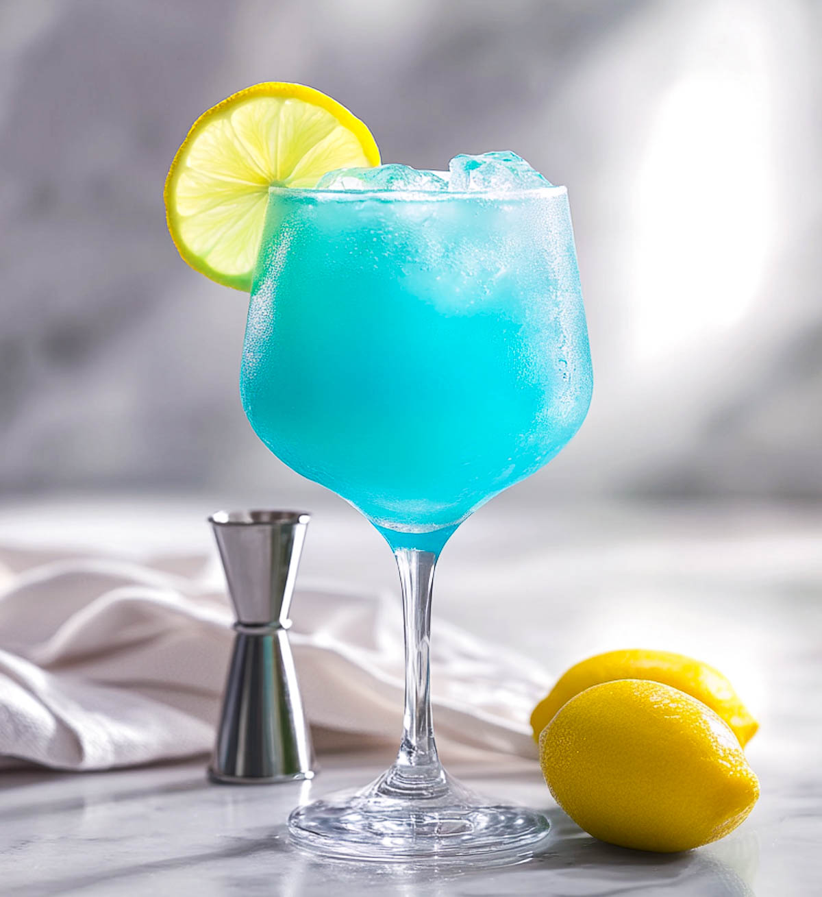 A light blue cocktail served in a chilled stemmed glass with a lemon wheel garnish. The drink sits on a white marble surface, with a cocktail jigger and fresh lemons in the softly blurred background.