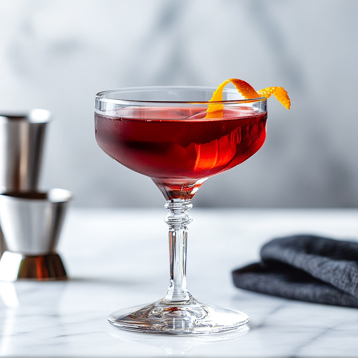 A deep red Manhattan cocktail served in a coupe glass with a curled orange peel garnish. The drink sits on a white marble surface, with a black linen napkin and a cocktail jigger in the background, softly blurred.