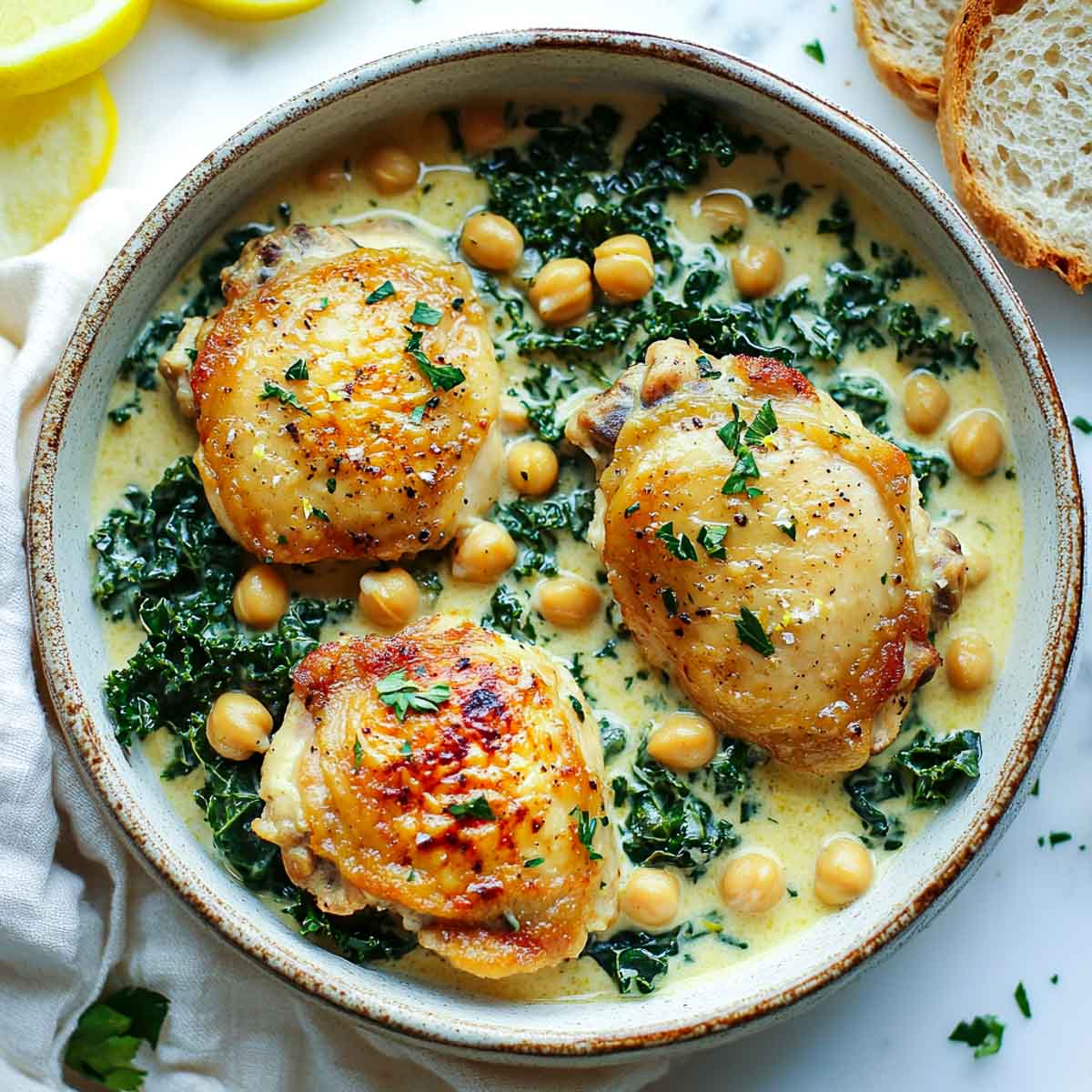 Creamy lemon chicken with kale and chickpeas.