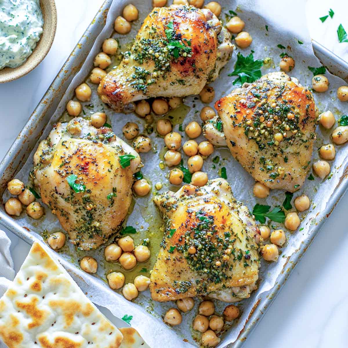 Roasted chicken and chickpeas on a sheet pan.