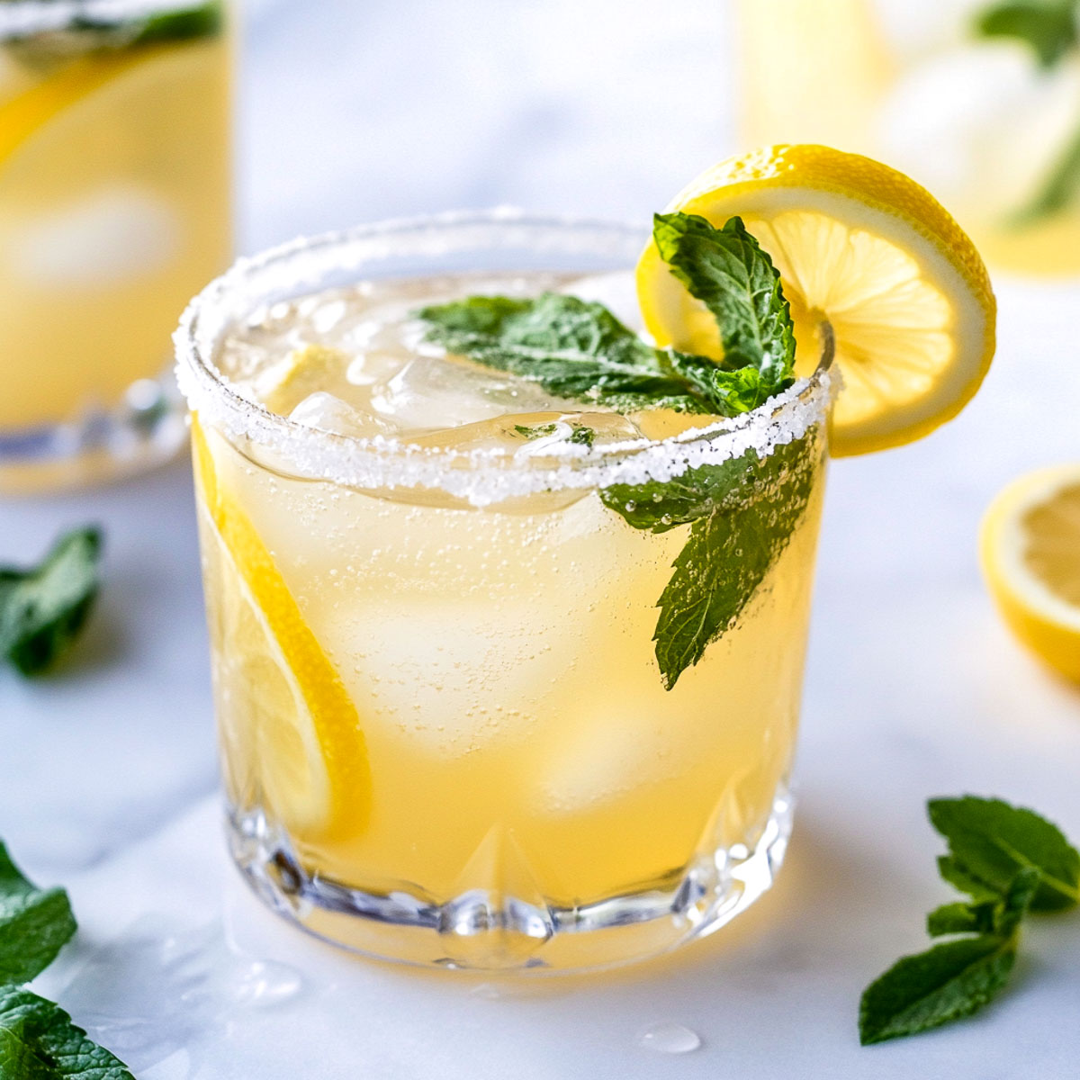 Light Bourbon lemonade in a rocks glass topped with mint leaves.