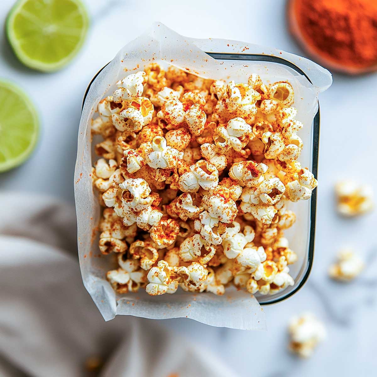 Lime chili popcorn in a box.