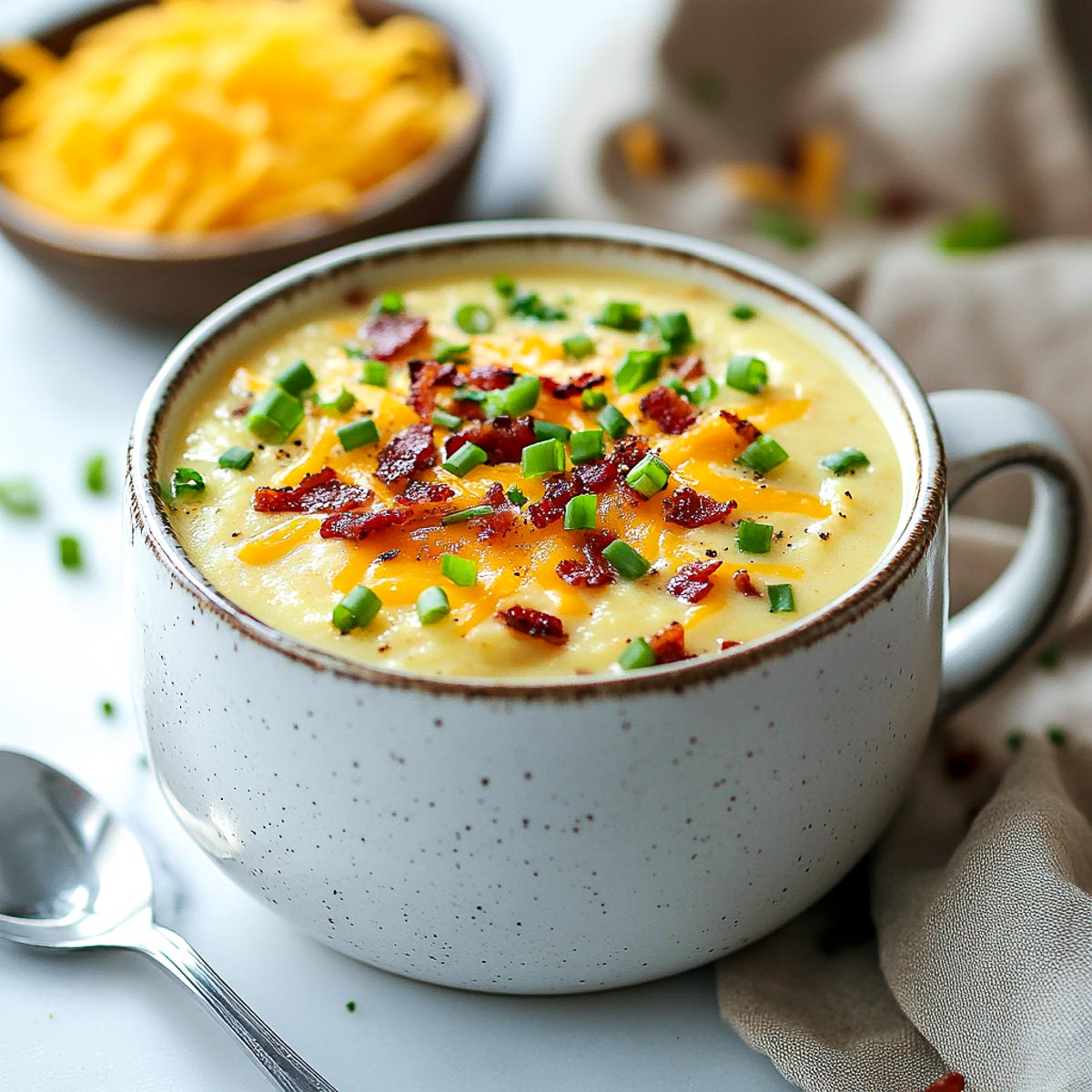 Loaded potato soup made in a mug.