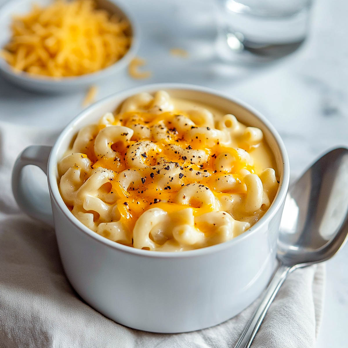 Mac and cheese with extra cheese in the background.