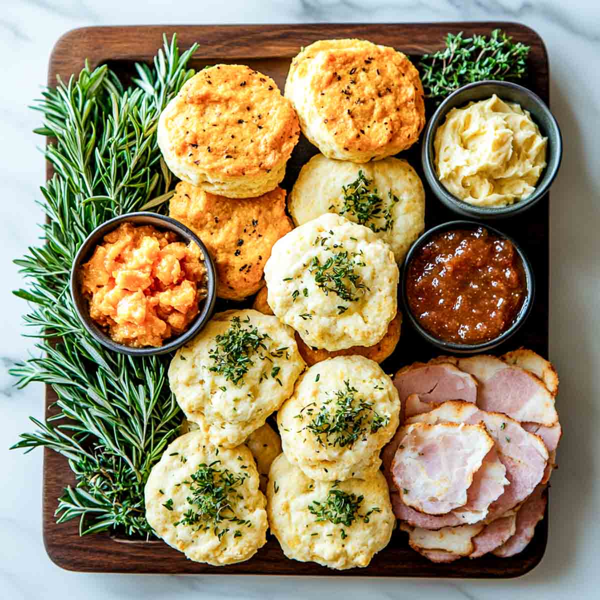Different types of biscuits served with ham and spreads.