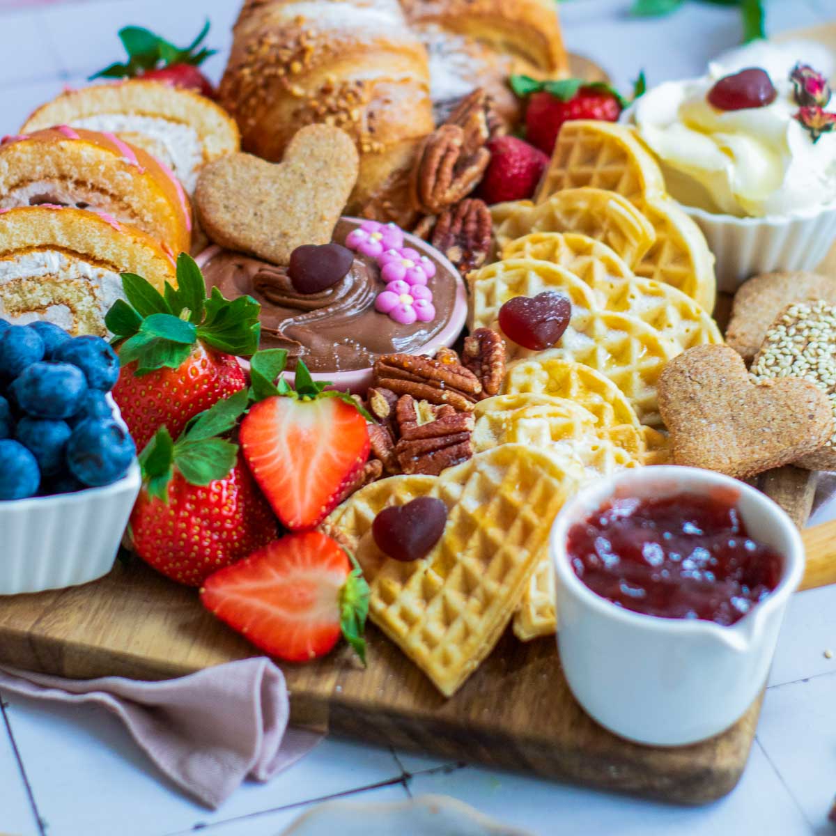 Side view of Mother's day breakfast board with all elements assembled.