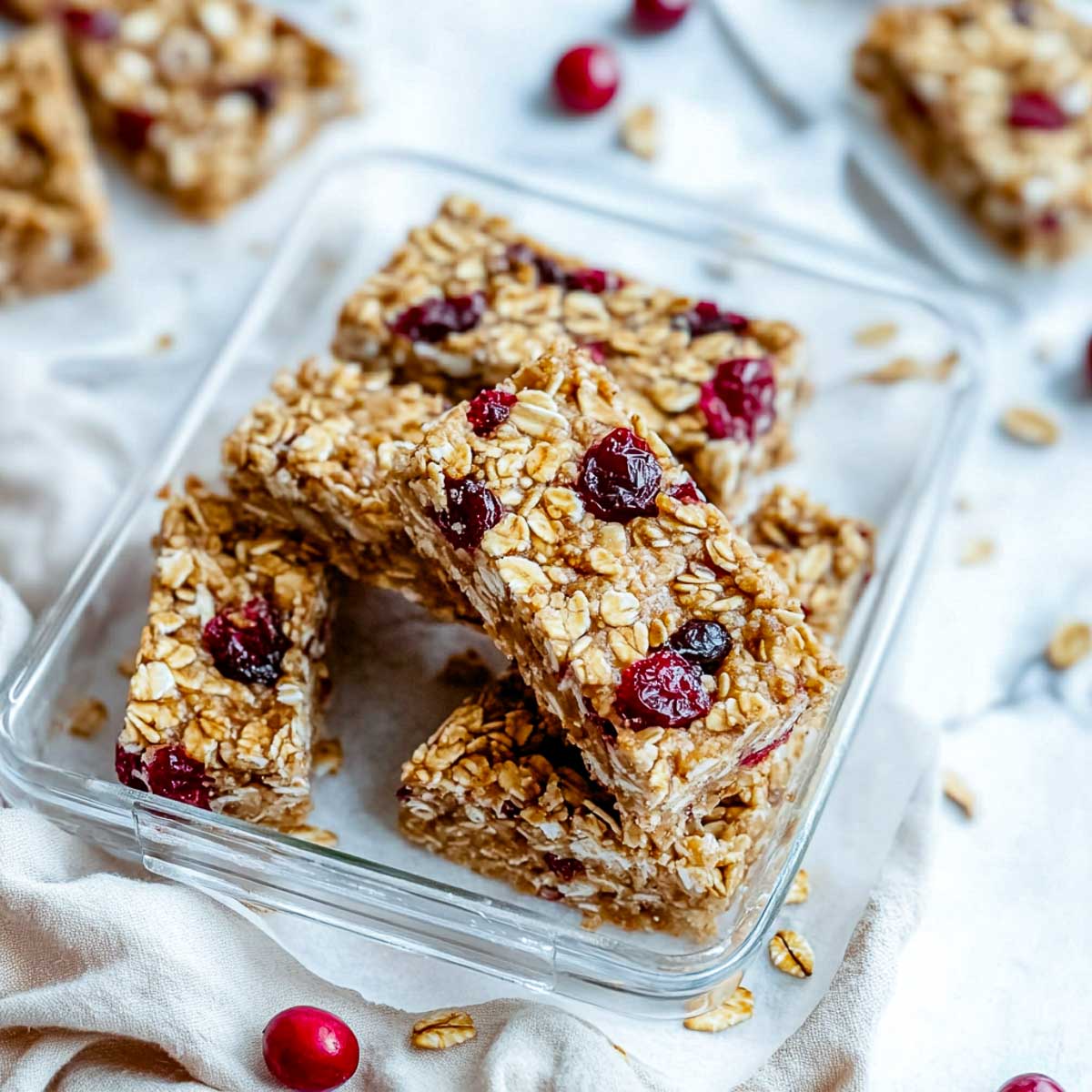 Nut-free granola bars in a reusable box packed for beach snacks.
