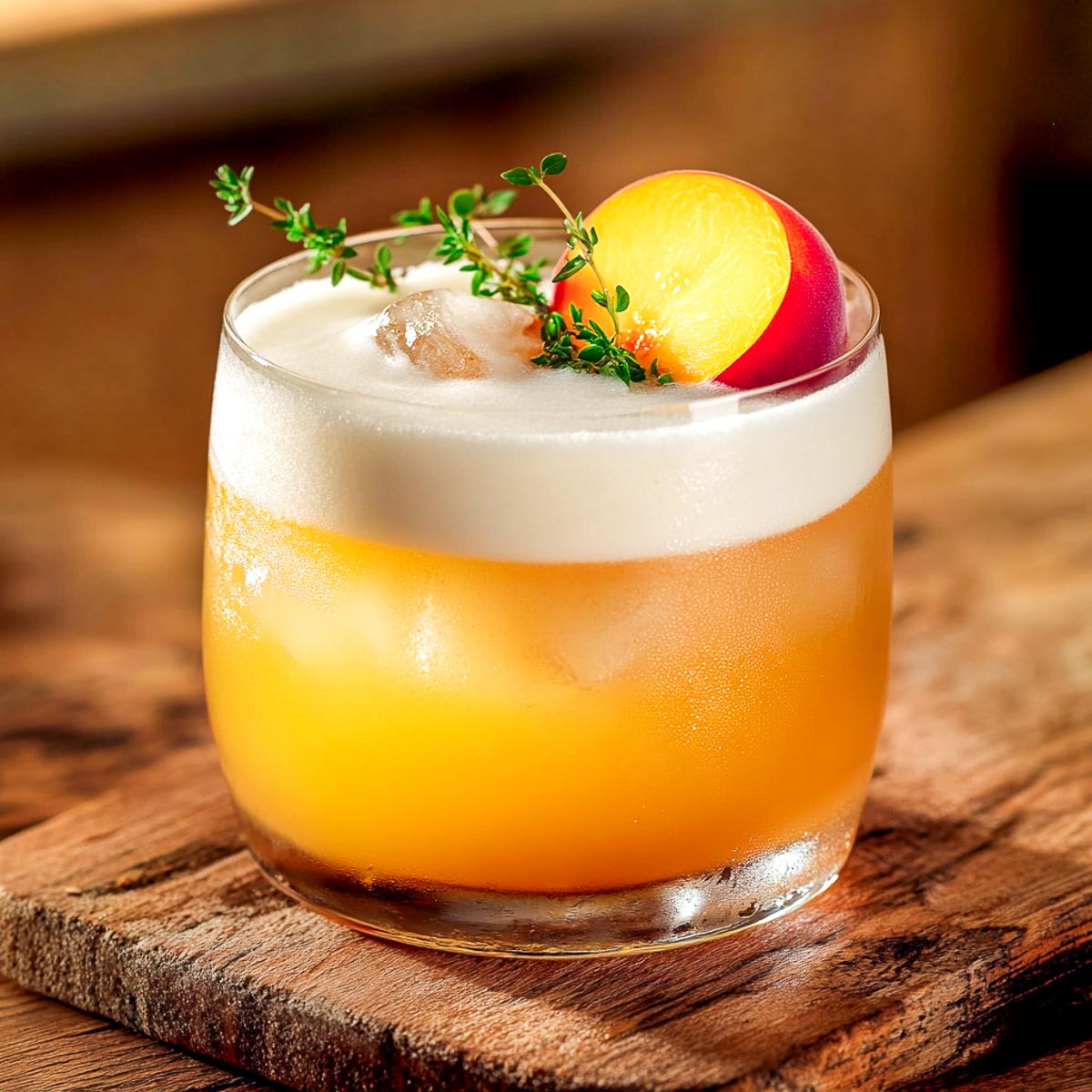 Old forester Bourbon smash topped with a slice of peach.