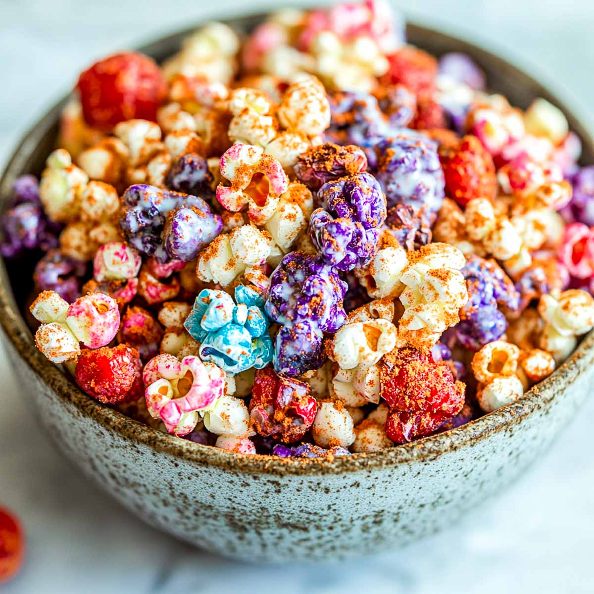 A bowl of colorful, spiced popcorn inspired by Star Wars: Galaxy’s Edge, featuring a mix of vibrant red, blue, and purple popcorn. The mix includes freeze-dried fruit, a drizzle of white chocolate, and a light dusting of warm spices. The popcorn is served in a rustic, dark ceramic bowl on a white marble surface, with a few scattered pieces around the bowl for a natural look.