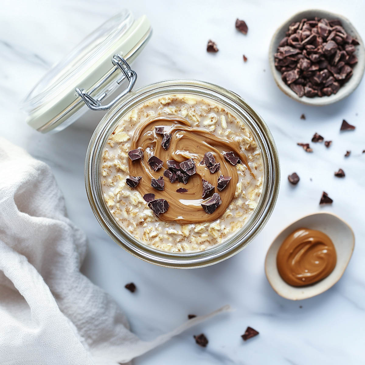 Overnight oats made using peanut butter and cacao nibs.