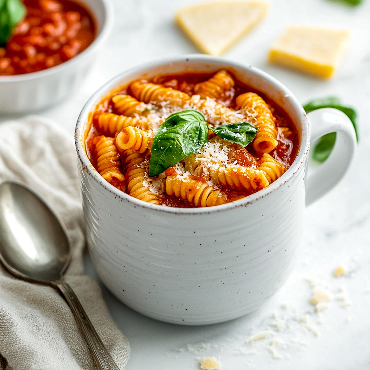 Microwave pasta on a white marble surface.