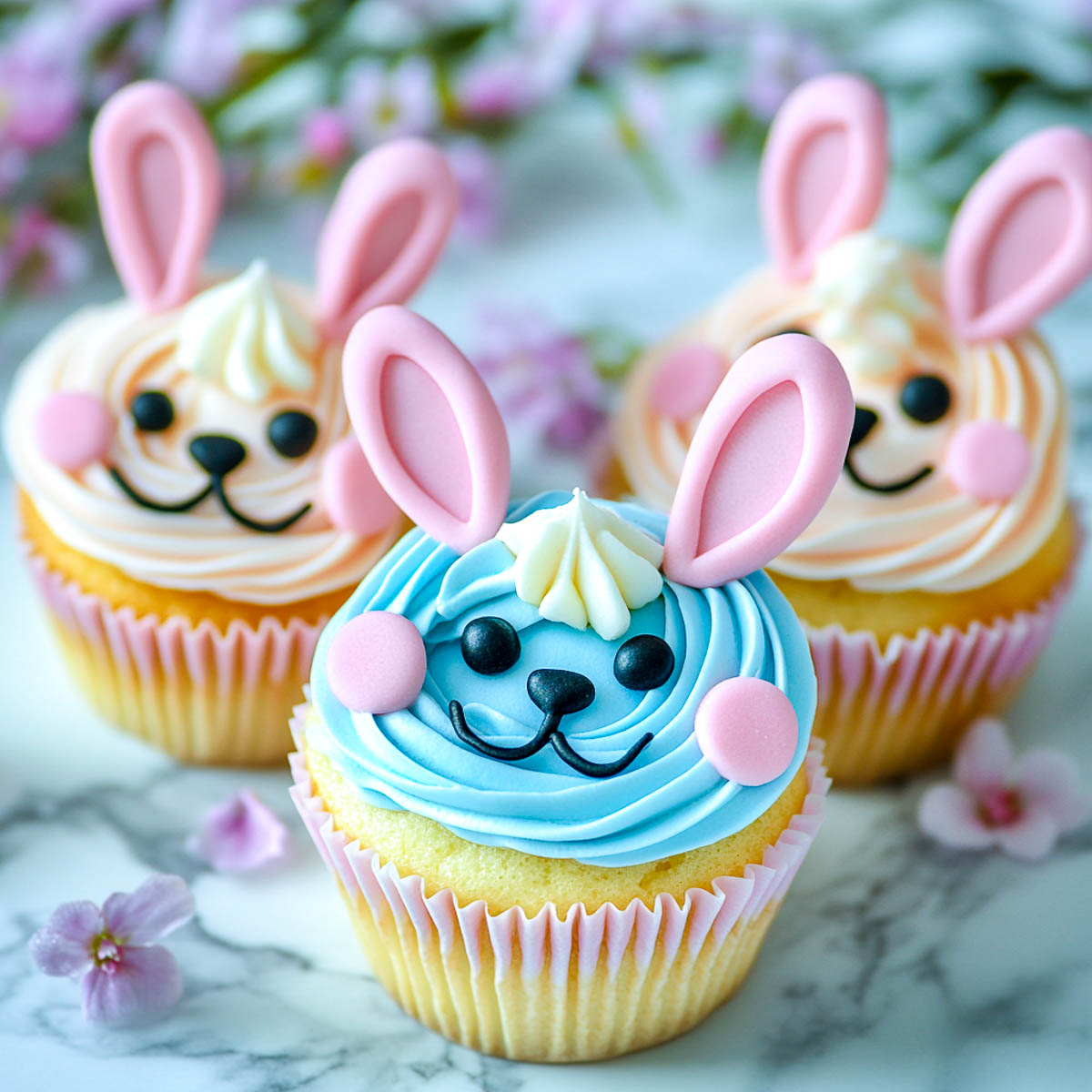 Cupcakes with pastel colored frosting and face details using gel.