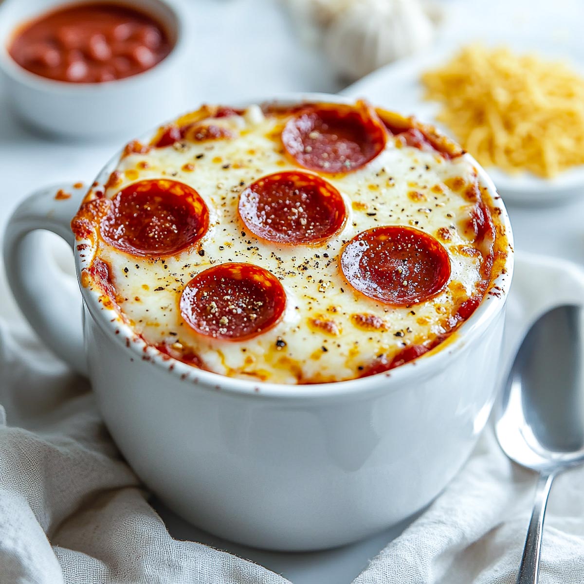 Mug pizza with pepperoni.