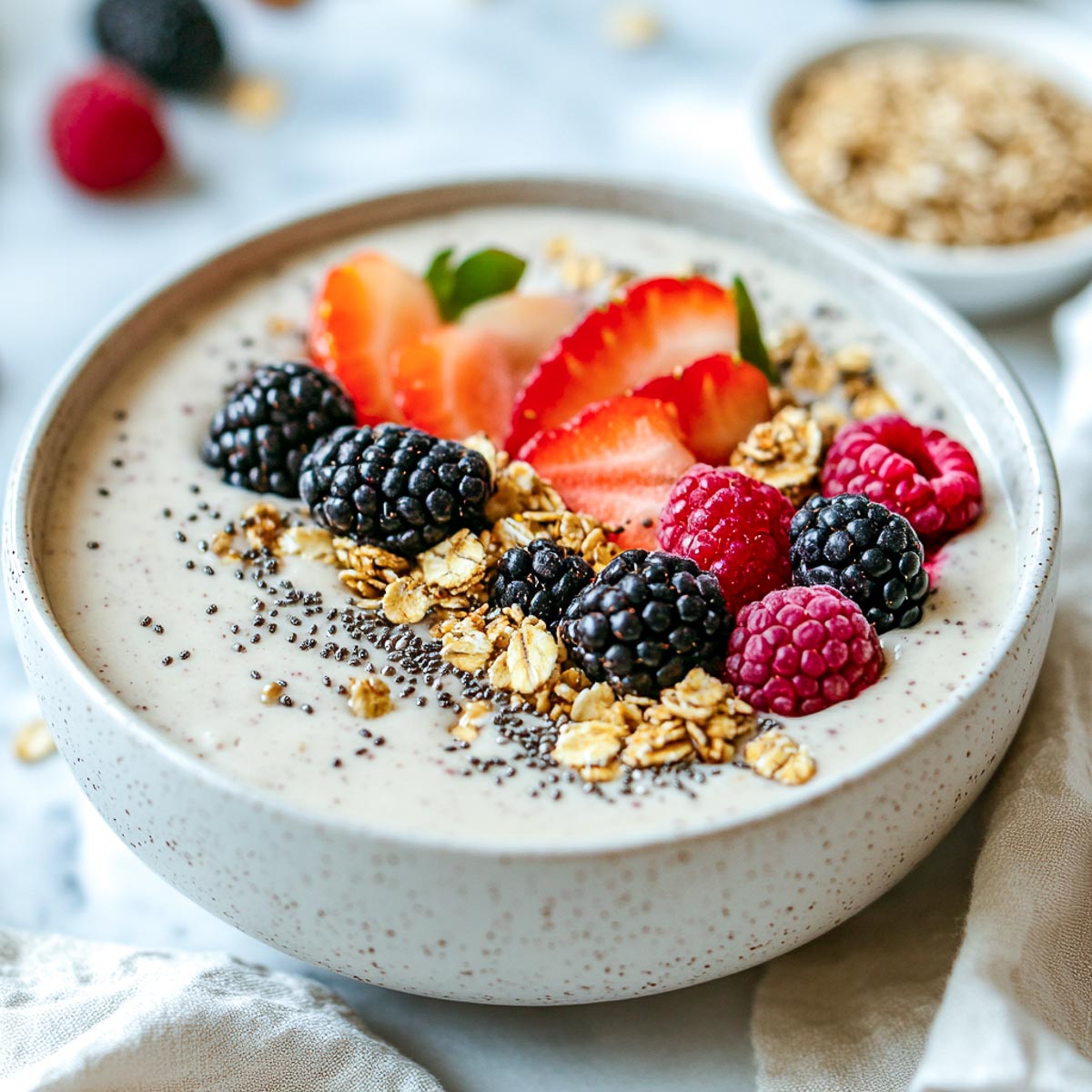 A thick, creamy smoothie bowl topped with granola, fresh berries, and chia seeds, served in a white ceramic bowl on a white marble surface.
