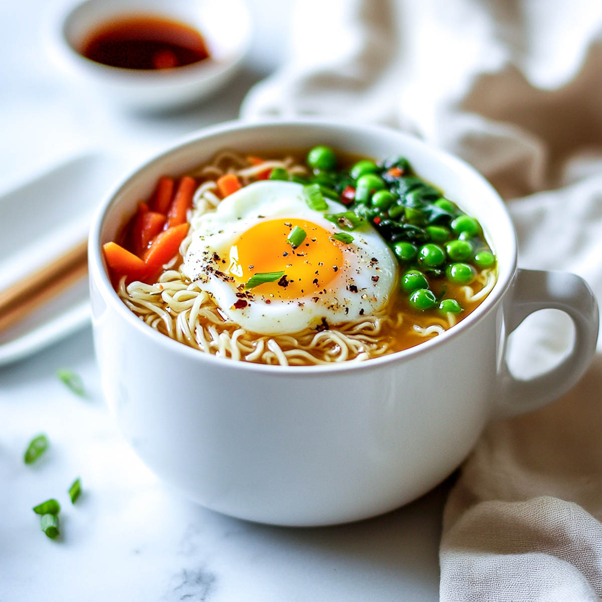Elevated ramen with egg and veggies.