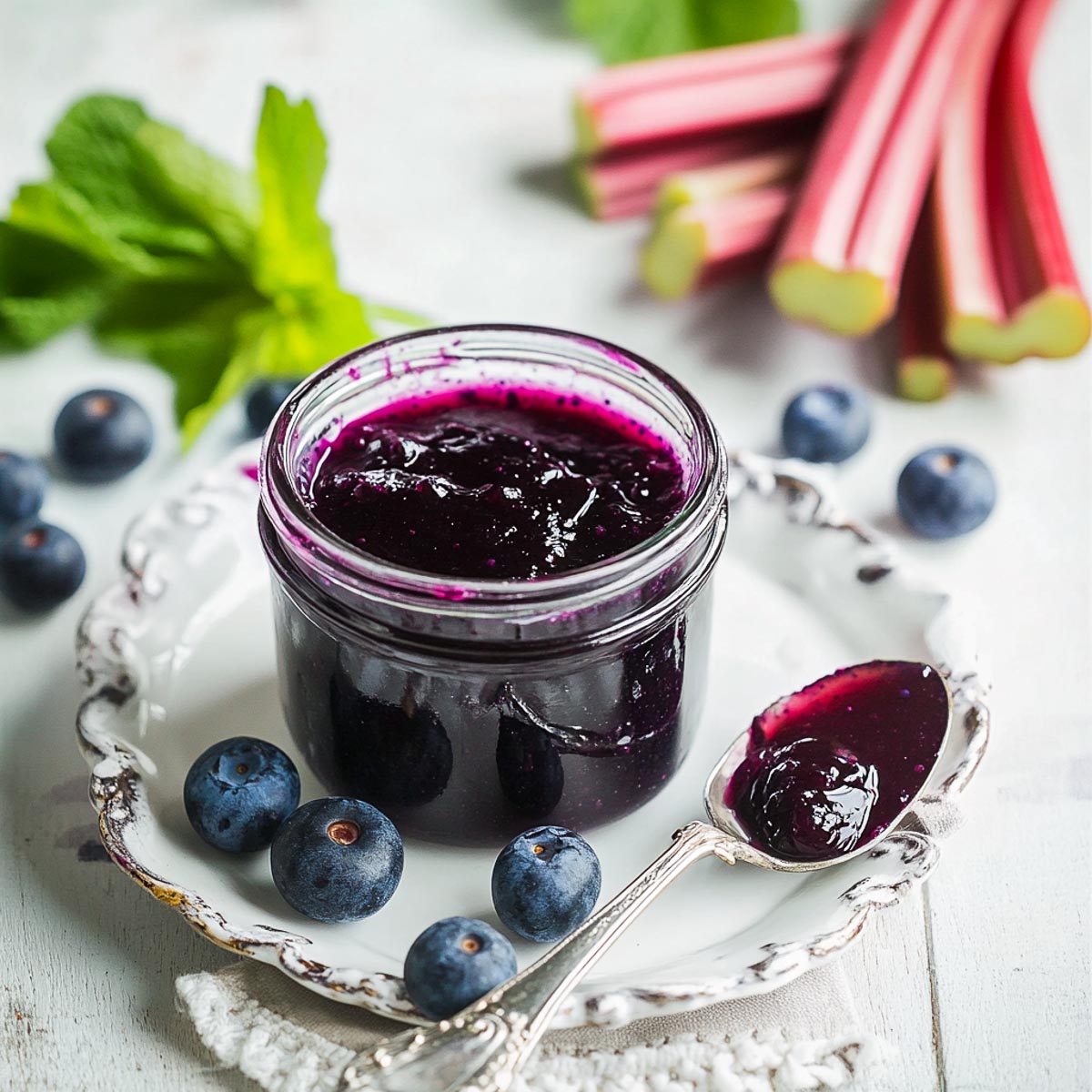 Rhubarb blueberry jam in a glass jar with fresh blueberries and rhubarb in the background.