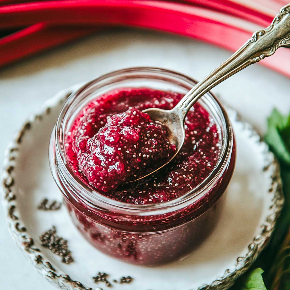 A spoon of rhubarb chia jam placed over a jar.