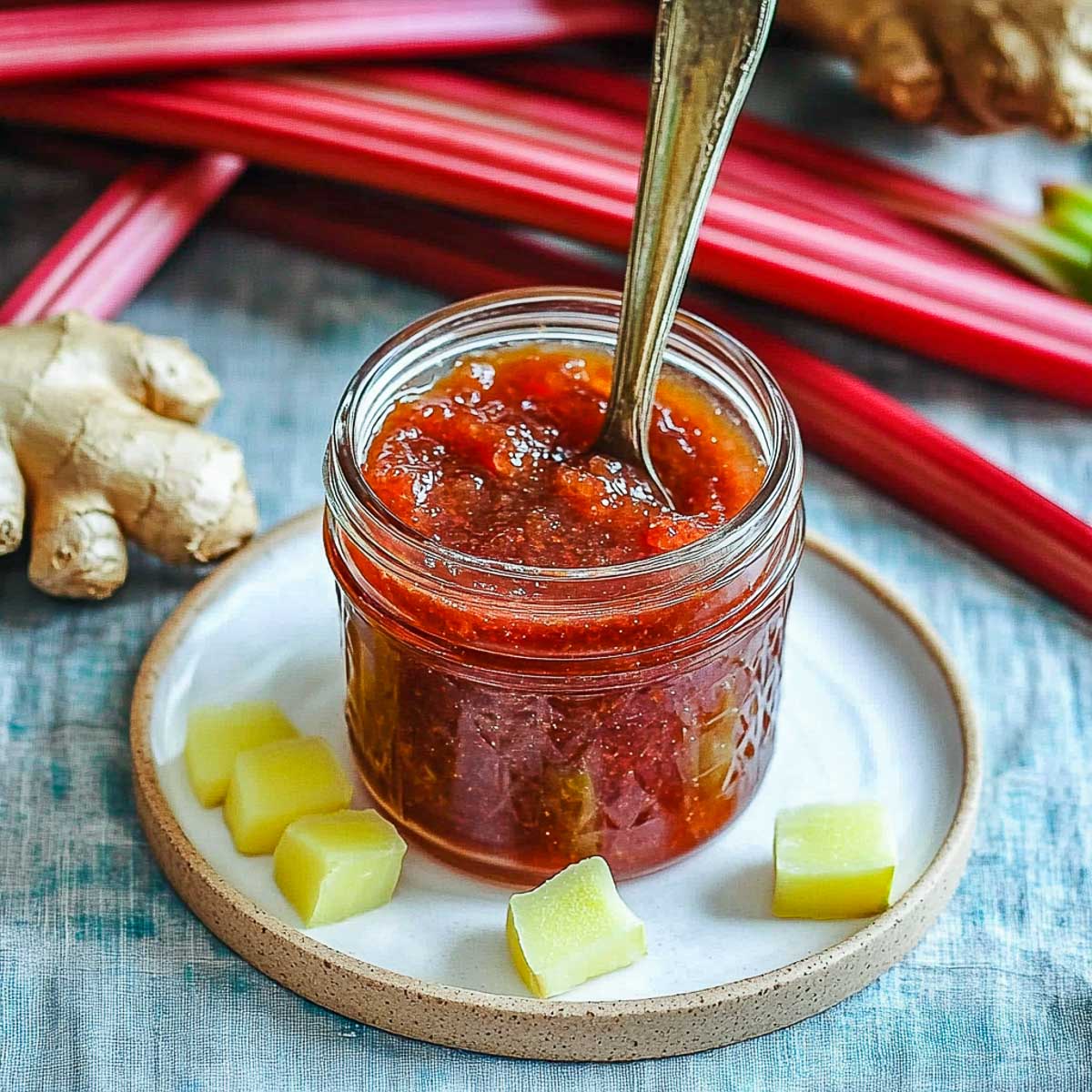 A glass jar filled with rhubarb ginger jam with a spoon inside.