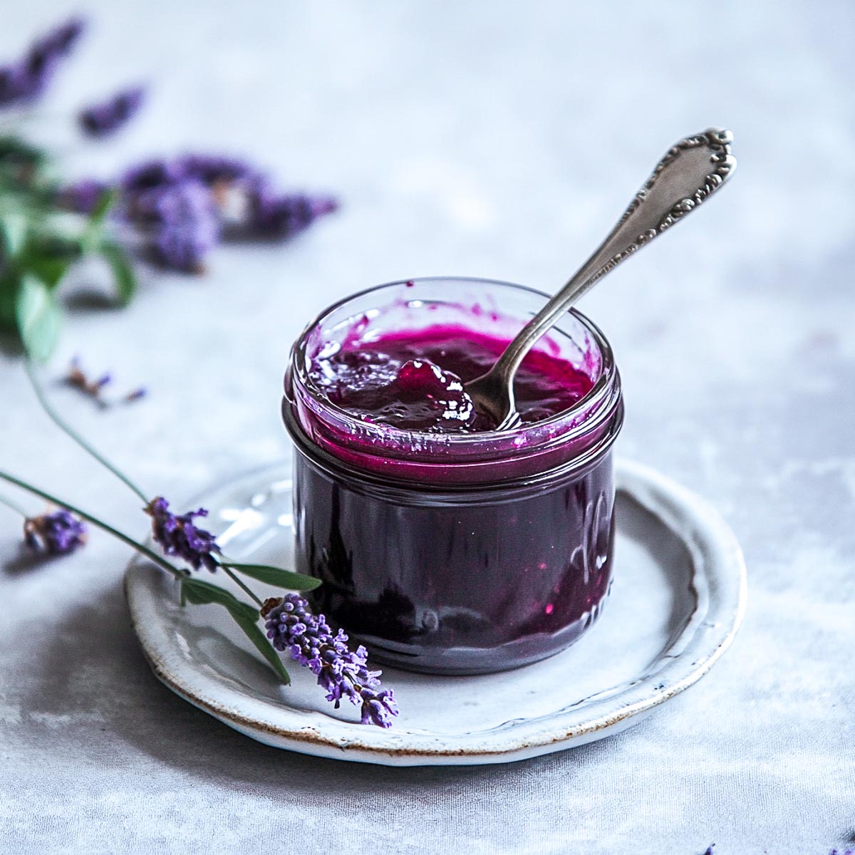 Deep lavendar colored jam with fresh lavendars in the background.