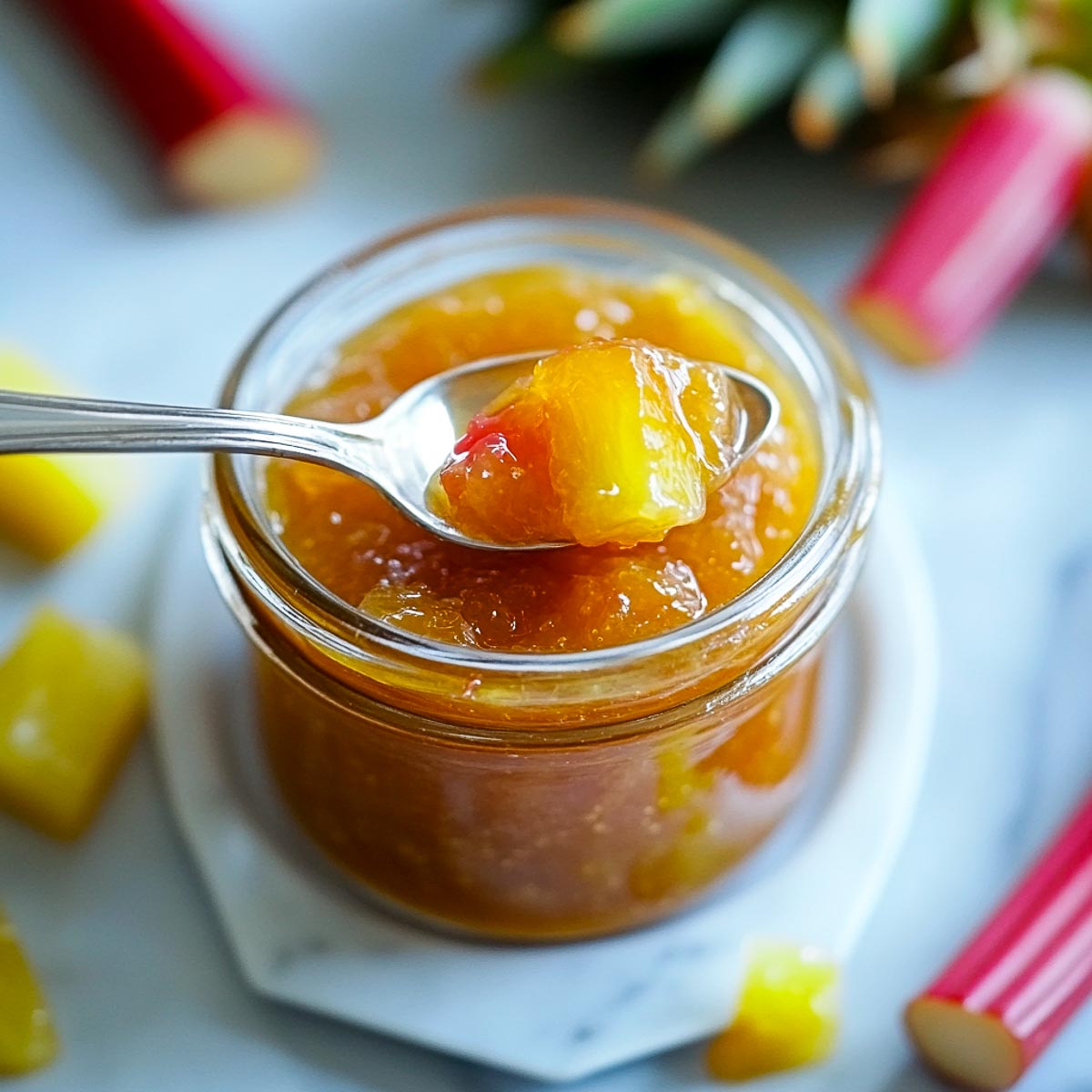 Rhubarb pineapple jam spooned over a glass jar.