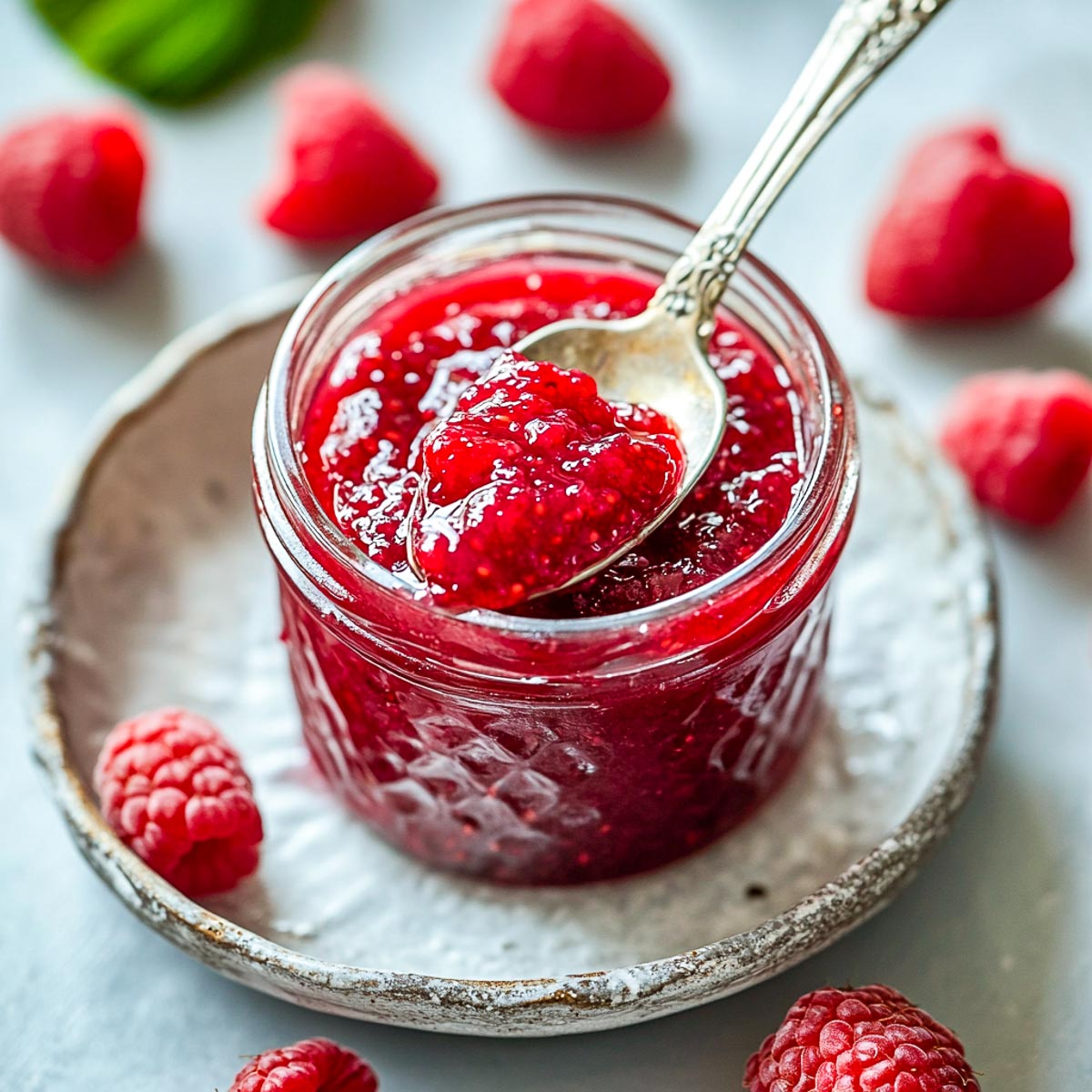A jar of homemade rhubarb raspberry jam with fresh raspberries in the background.
