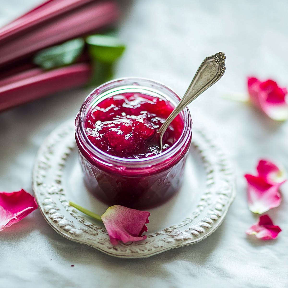 A jar of rhubarb rose jam with rose petals scattered in the background.