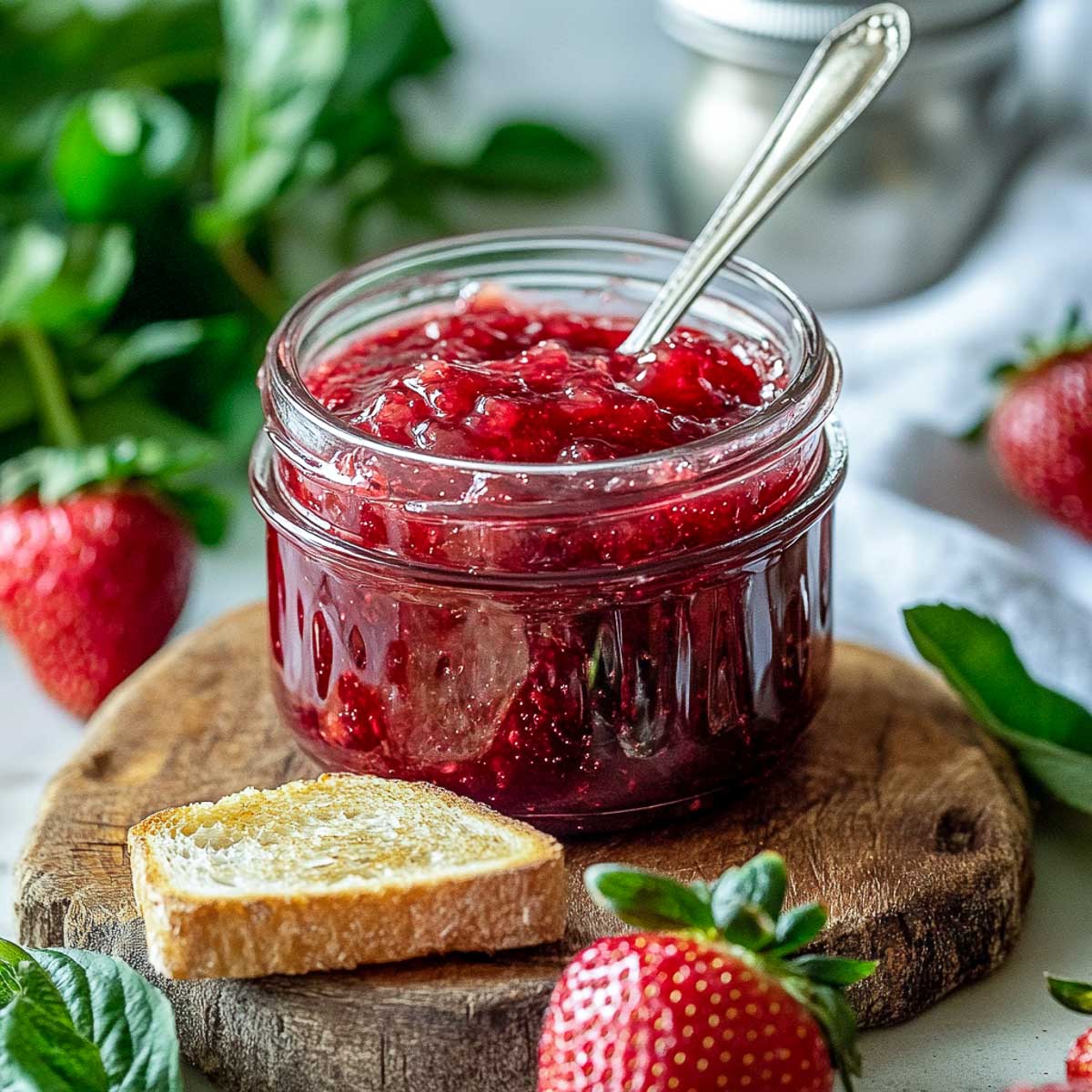 Rhubarb strawberry jam jar placed on a small wooden board with bread slice in the background.