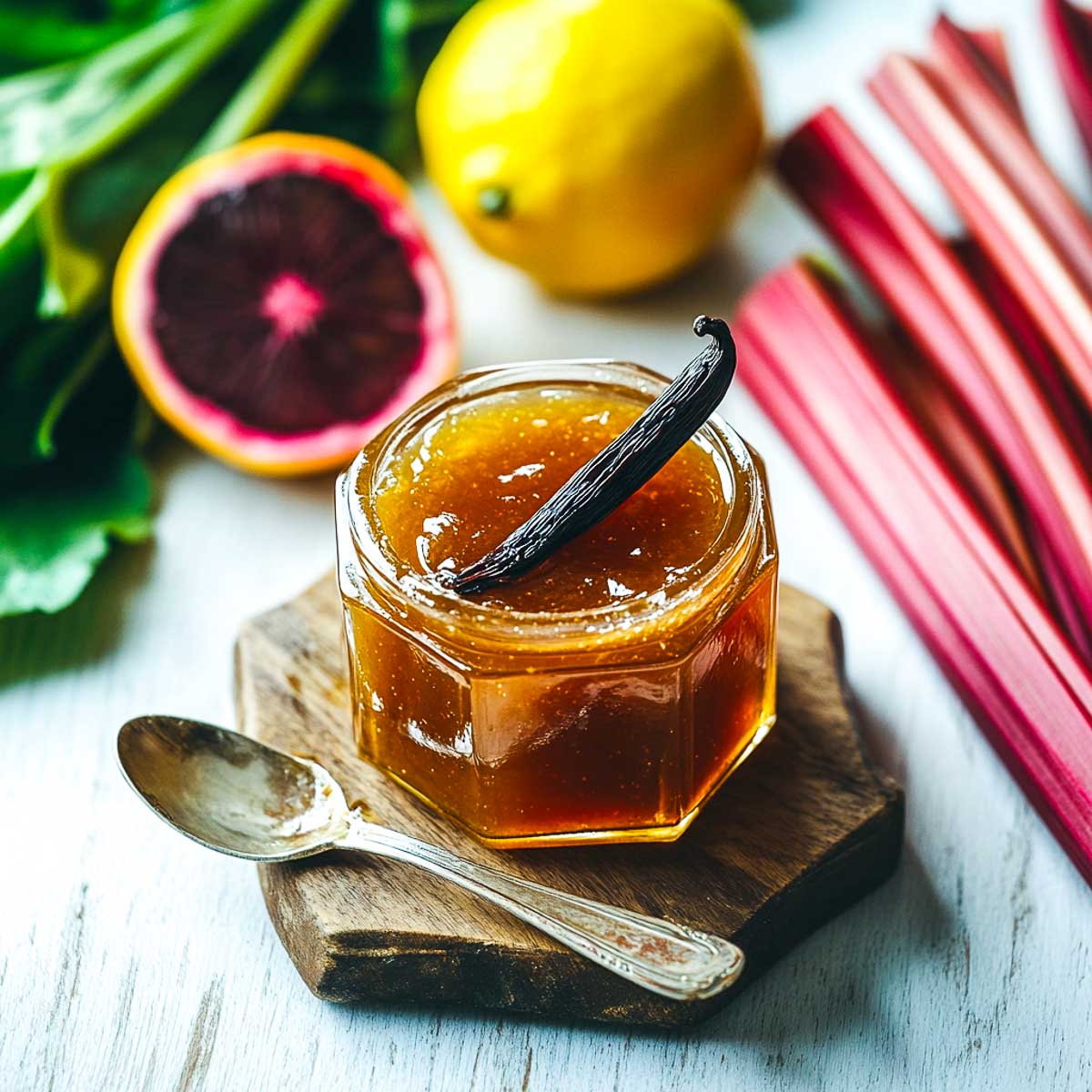 Rhubarb vanilla jam in a small jar with a spoon placed next to it.