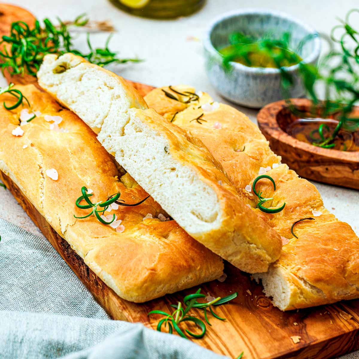 Fresh focaccia cut into strips.